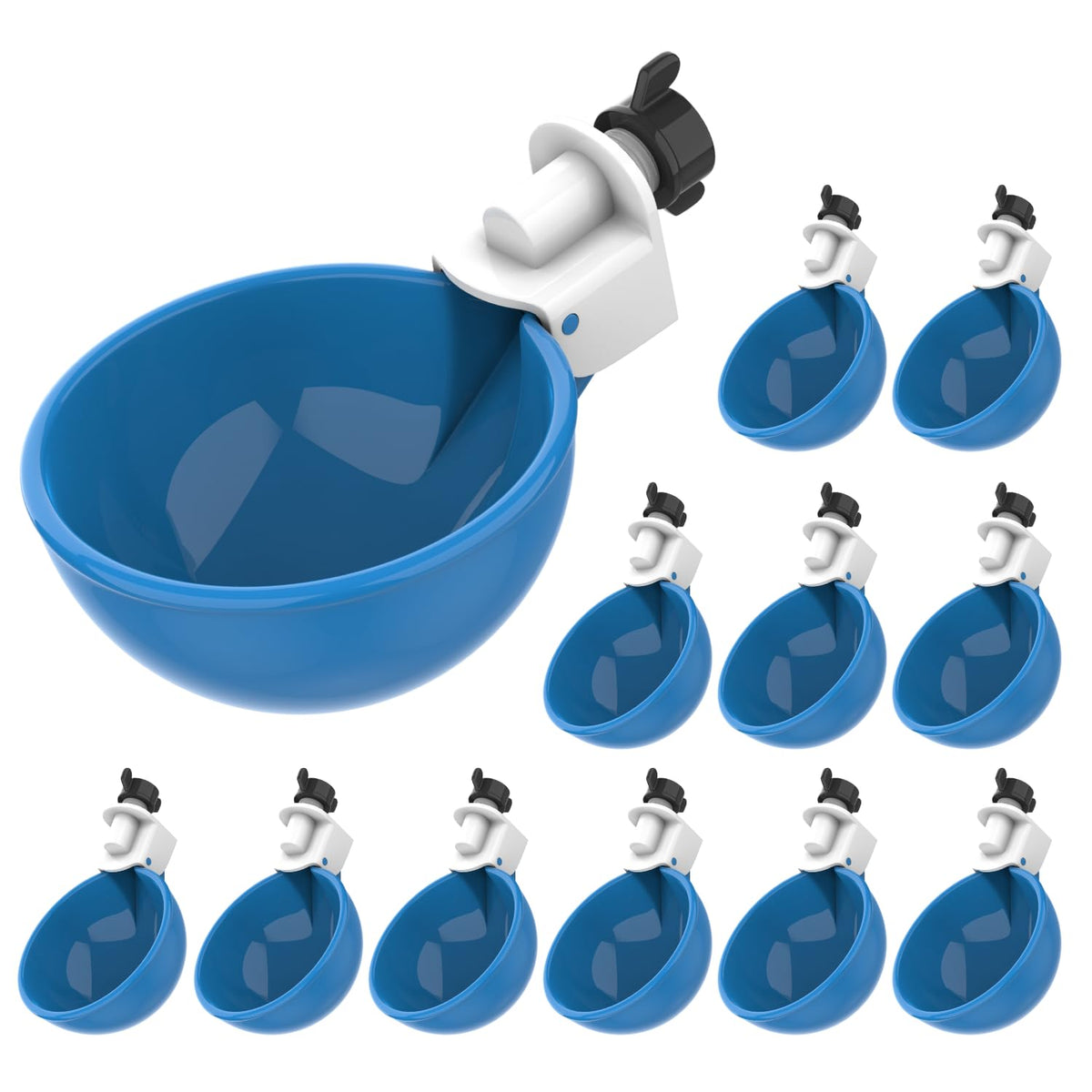 Lil Clucker blue waterer cups mounted on a coop for easy poultry hydration.