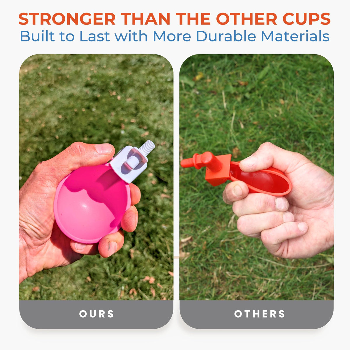 Lil'Clucker pink waterer cups – 5-gallon setup saves daily refills.