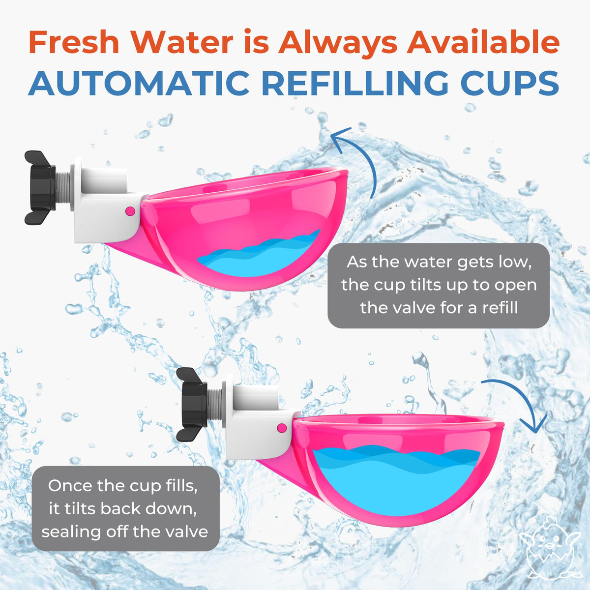 Lil'Clucker pink cups highlight the 3 inch diameter for easy drinking