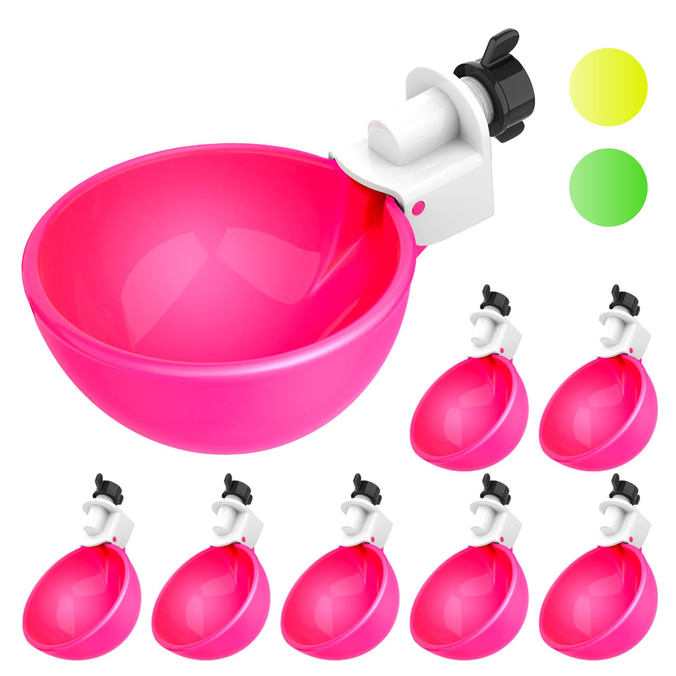 Lil'Clucker pink waterer cups installed in a coop for steady flock hydration