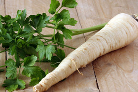 Liliana's Garden Hamburg Rooted parsley taproot and greens ready for cooking.
