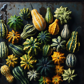 Liliana's Garden Lunch Lady round gourds for rustic autumn decor and craft display.