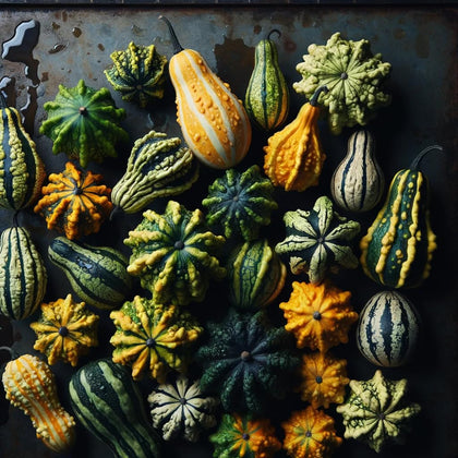 Liliana's Garden Lunch Lady round gourds for rustic autumn decor and craft display.