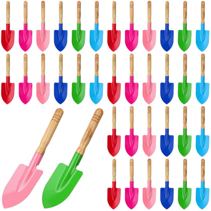 Liliful 30-pc mini gardening shovels with colorful metal heads and wooden handles for easy planting.