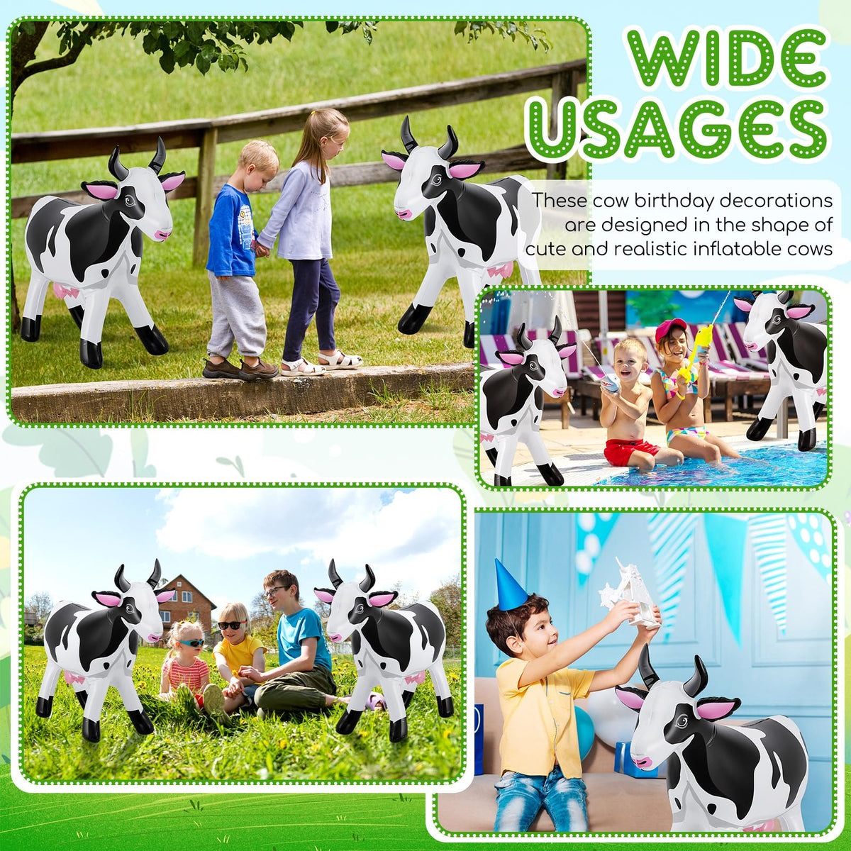 Liliful inflatable cow offers versatile decoration for pools, gardens, and events.