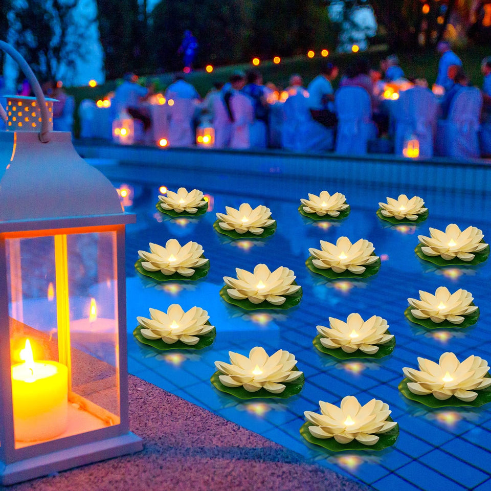 Liliful lotus floating light glows for pool decor at dusk