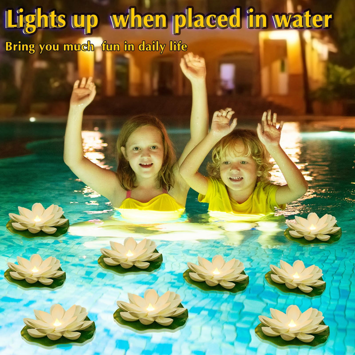 Liliful lotus light decorates pool area at night