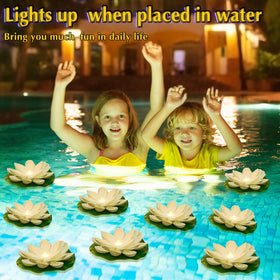 Liliful lotus light decorates pool area at night