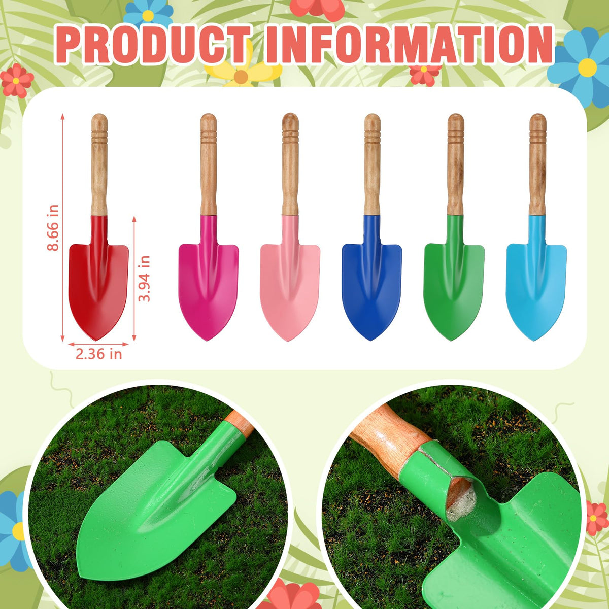 Liliful wooden-handle metal shovels in bright colors ideal for classroom gardening and beach play.