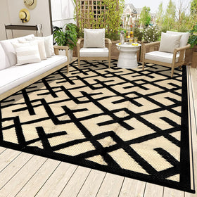 LILIOFFIC 9x12 outdoor rug in black and beige for patio versatility.