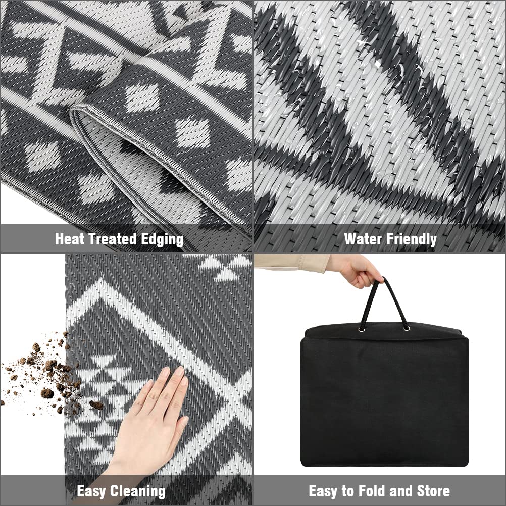 LILIOFFIC patio deck rug grey, UV coated to resist stains for year-round outdoor lounging.