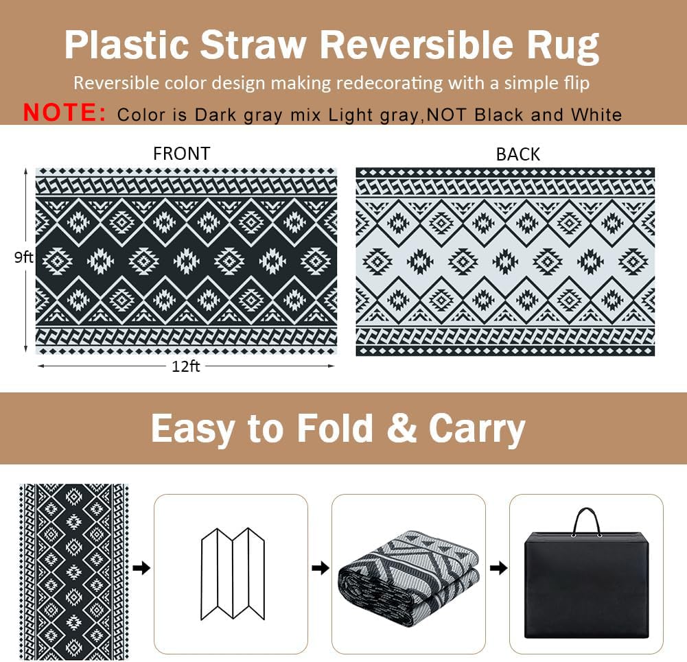 LILIOFFIC RV outdoor mat grey, waterproof and easy to clean after camping or road trips.
