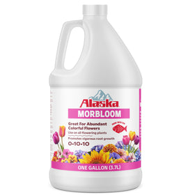 Lilly Miller Alaska MorBloom bottle label shows natural fertilizer ingredients for vibrant blooms.