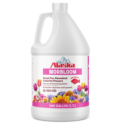 Lilly Miller Alaska MorBloom bottle label shows natural fertilizer ingredients for vibrant blooms.