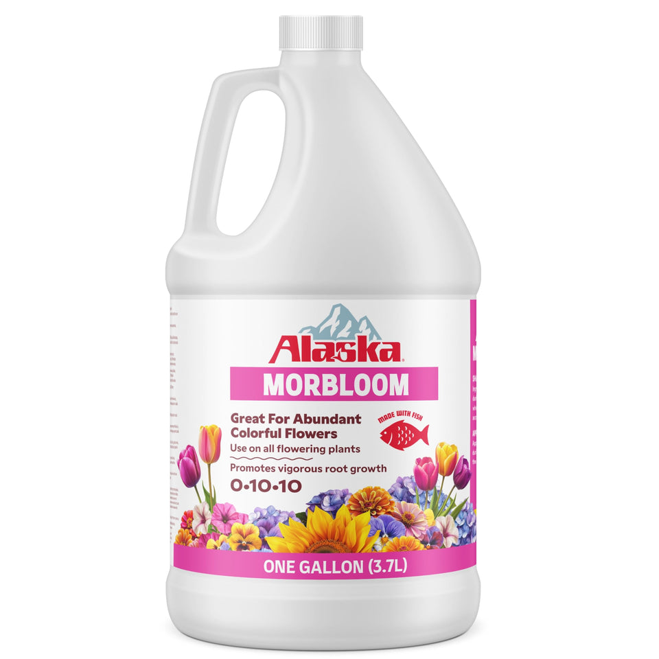 Lilly Miller Alaska MorBloom bottle label shows natural fertilizer ingredients for vibrant blooms.
