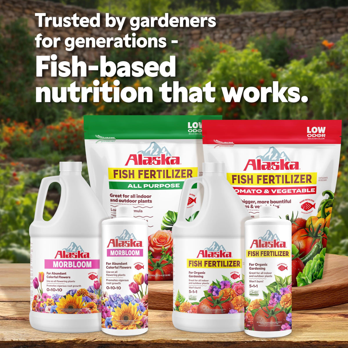 Lilly Miller Alaska MorBloom fish-based formula highlights natural garden nutrition.
