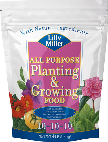 Lilly Miller all-purpose 10-10-10 granules promote steady garden growth and balanced nutrition.