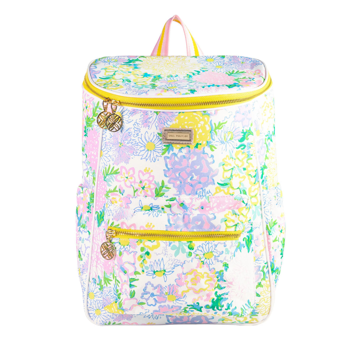 Lilly Pulitzer insulated backpack cooler with adjustable straps for hands-free carrying.