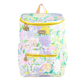 Lilly Pulitzer insulated backpack cooler with adjustable straps for hands-free carrying.