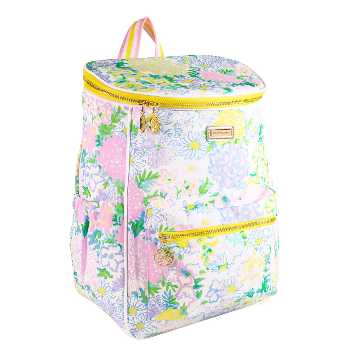 Lilly Pulitzer insulated backpack cooler with front pocket for quick picnics.