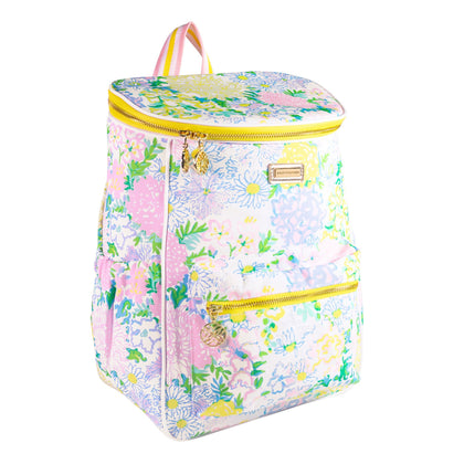 Lilly Pulitzer insulated backpack cooler with front pocket for quick picnics.