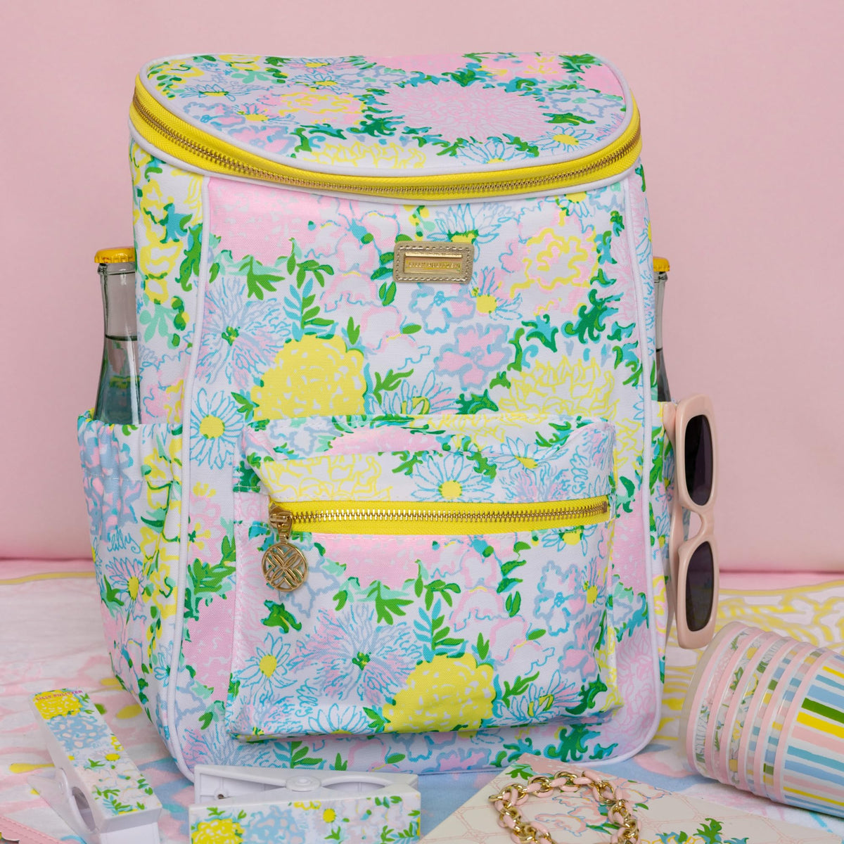 Lilly Pulitzer insulated backpack cooler front zip pocket stores essentials.
