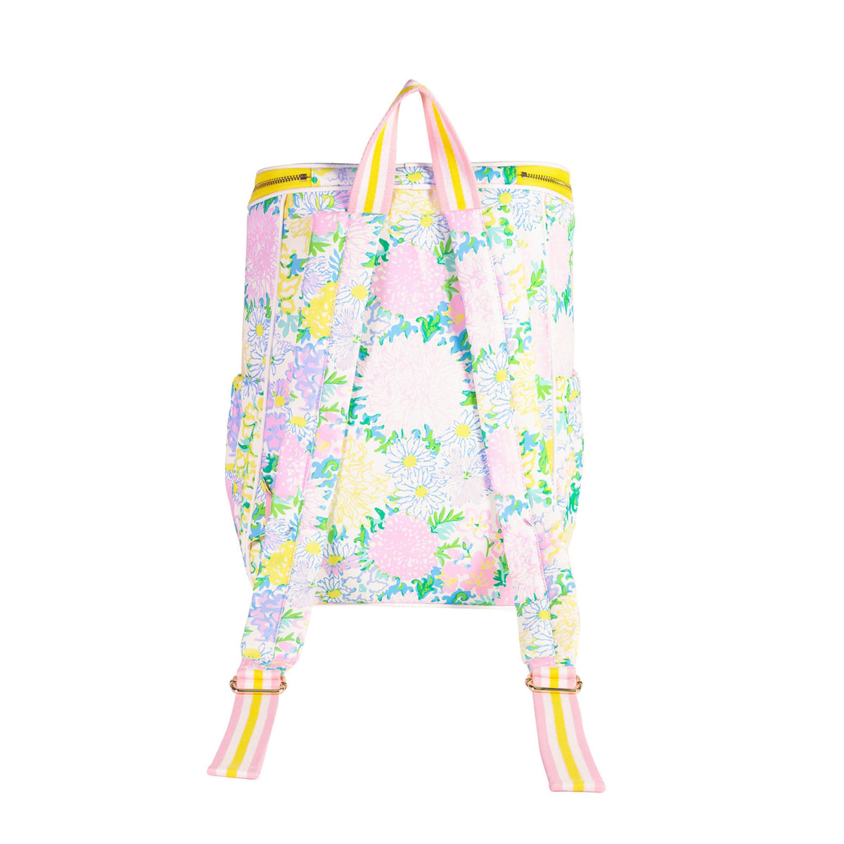 Lilly Pulitzer insulated backpack cooler with gold details adds style and visibility.