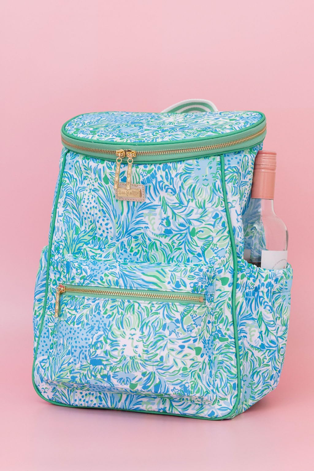 Lilly Pulitzer green backpack cooler in daily-use setting for versatile storage.