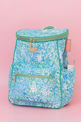Lilly Pulitzer green backpack cooler in daily-use setting for versatile storage.