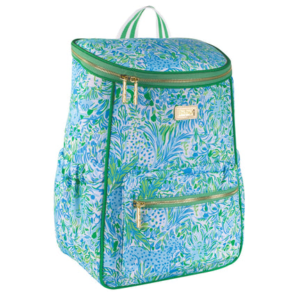 Lilly Pulitzer insulated backpack cooler front view showing organized space for beach days.