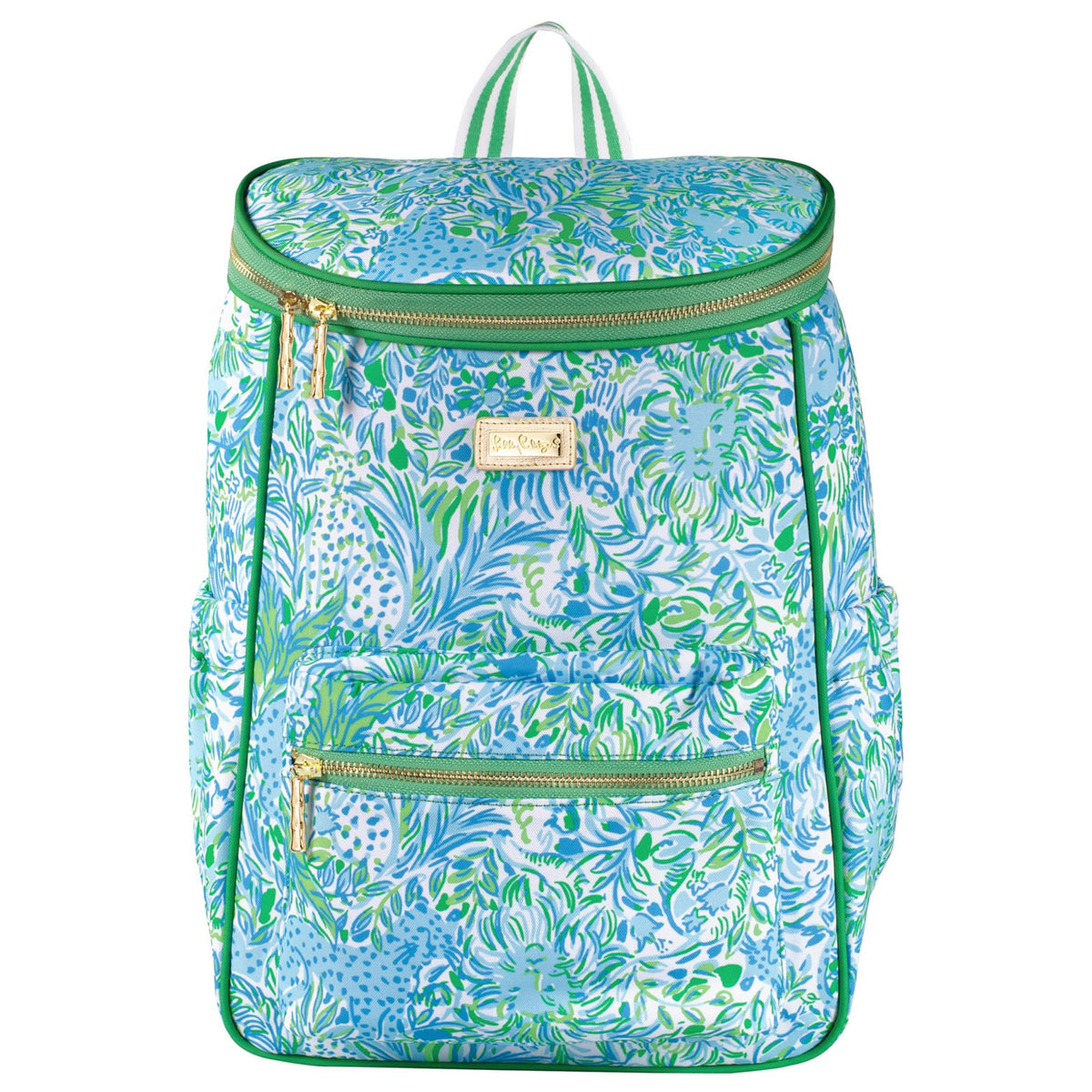 Lilly Pulitzer insulated cooler with open compartment for quick loading and unloading.