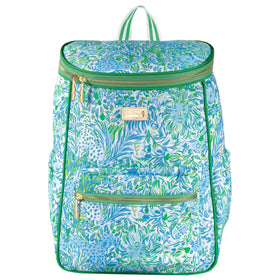 Lilly Pulitzer insulated cooler with open compartment for quick loading and unloading.