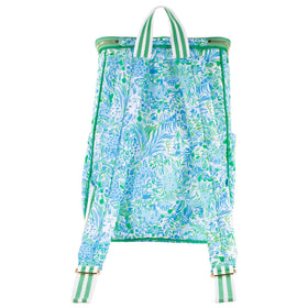 Lilly Pulitzer backpack cooler with convertible straps for comfortable crossbody wear.