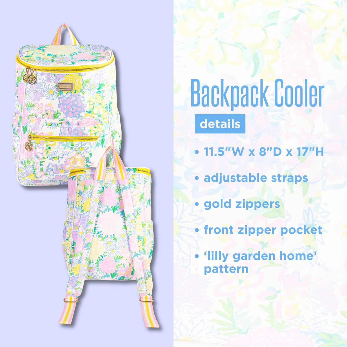 Lilly Pulitzer insulated backpack cooler interior keeps drinks cool for hours.