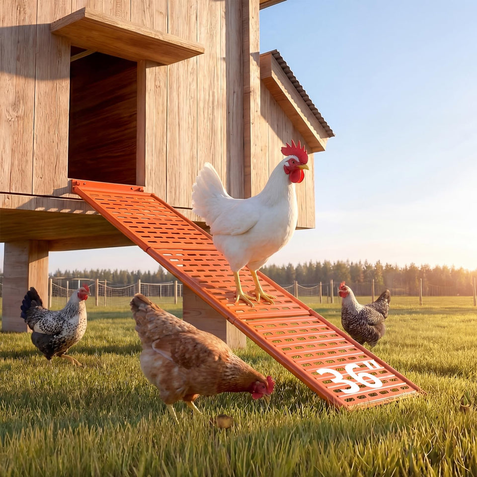 Lilyang heavy-duty coop ramp side view shows sturdy orange metal construction for outdoor use