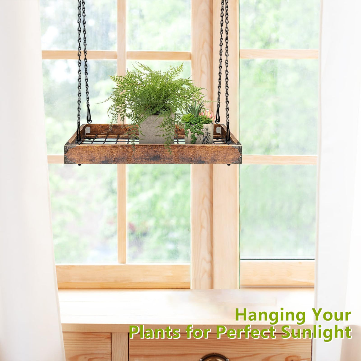 Lilybud hanging planter outdoor setup with metal mesh and chain for secure display.
