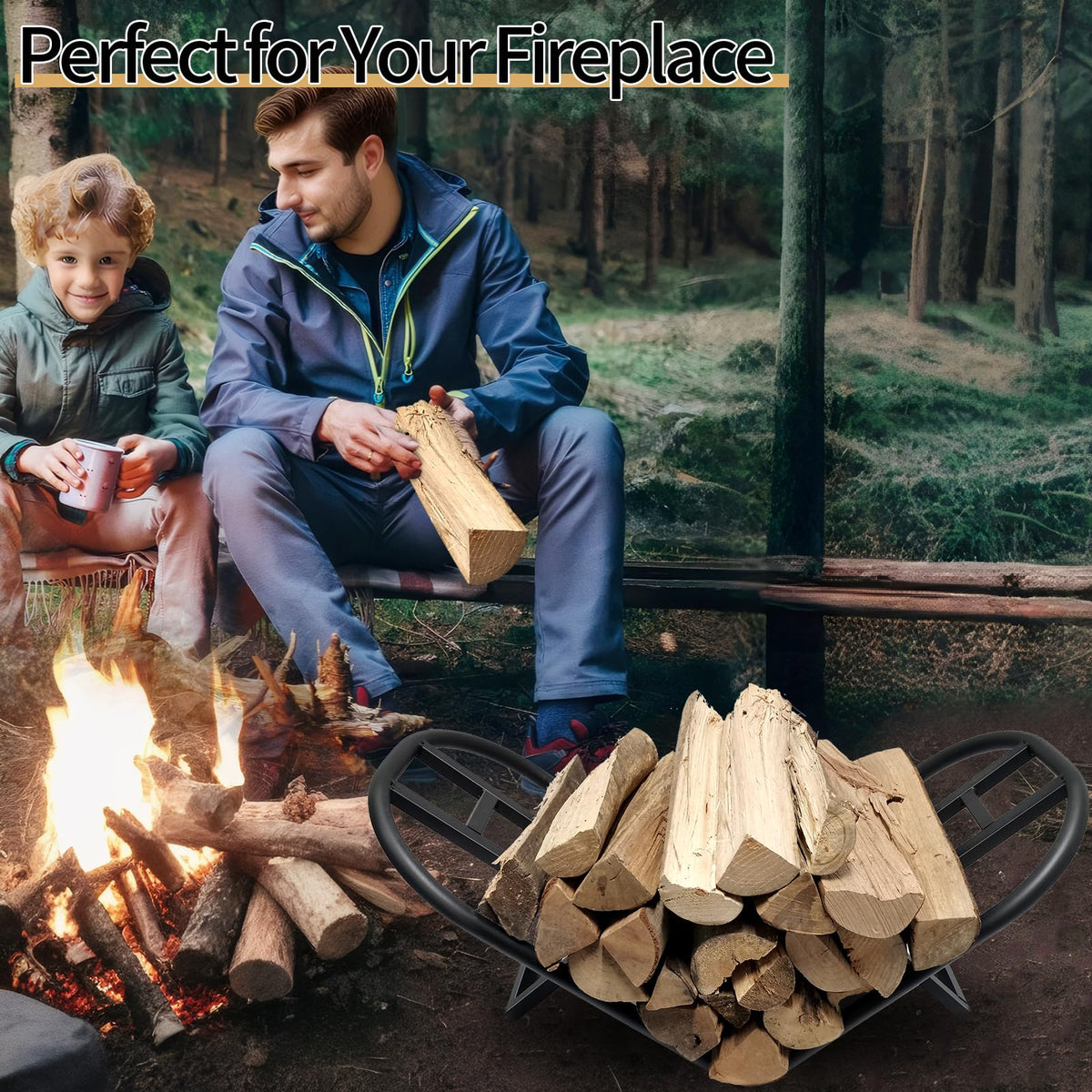 Lilybud Lily Firewood Rack with black powder-coated finish for easy maintenance.
