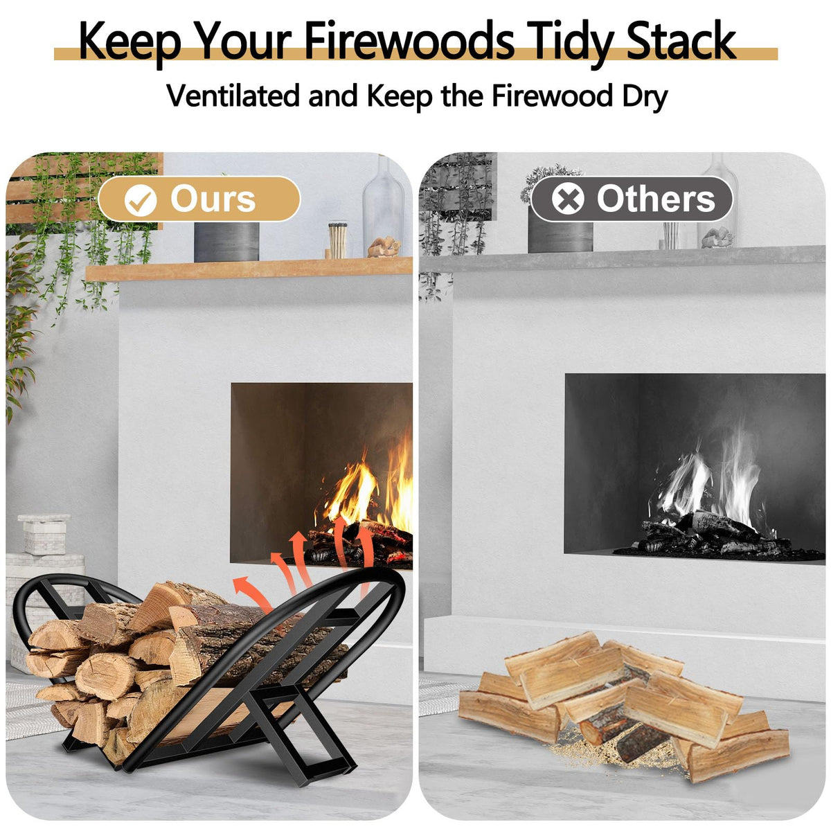 Lilybud Lily Firewood Rack fits small spaces beside stove for tidy wood nearby.