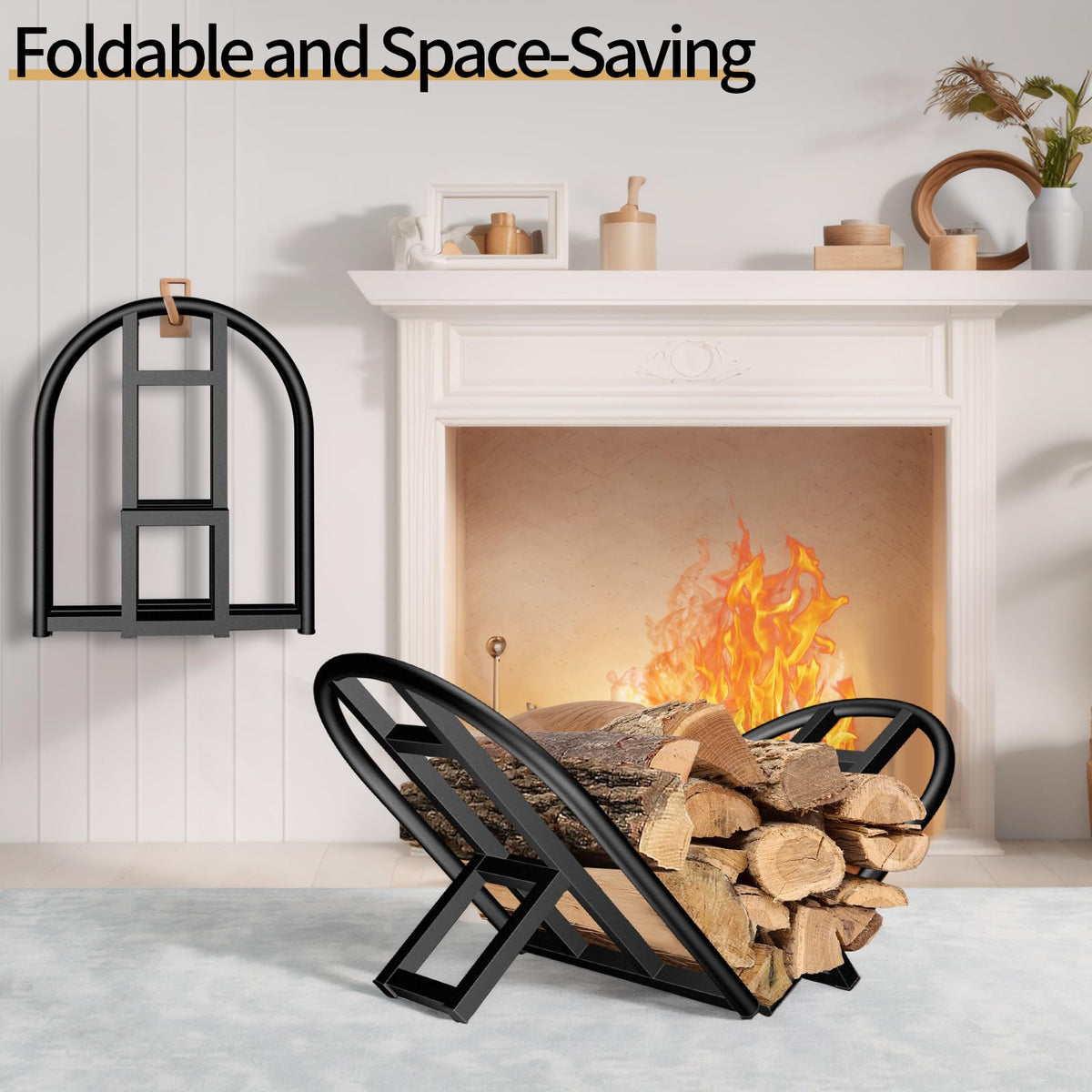 Lilybud Lily Firewood Rack indoors beside a fireplace for organized wood.