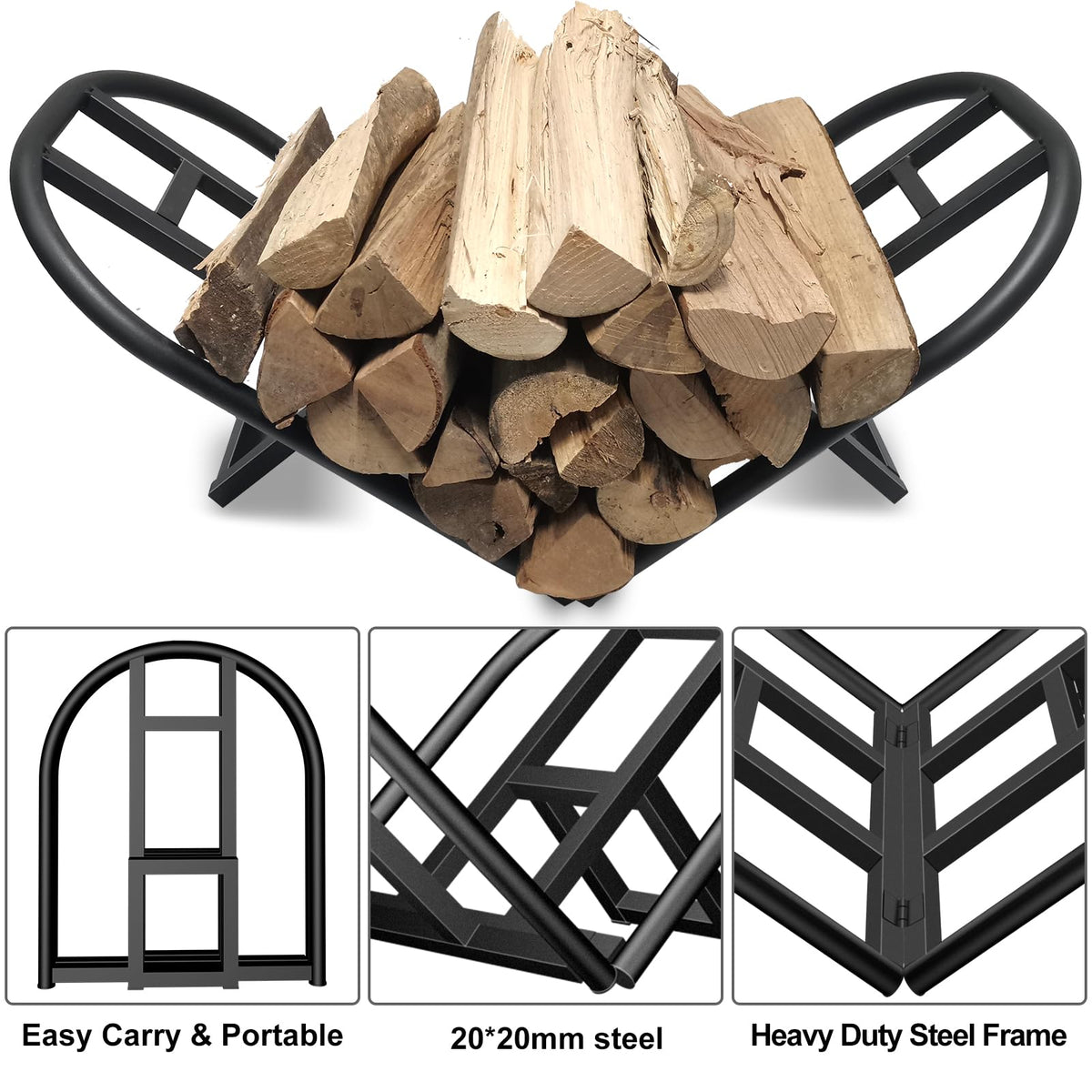 Lilybud Lily Firewood Rack outdoors near a fire pit with durable metal build.