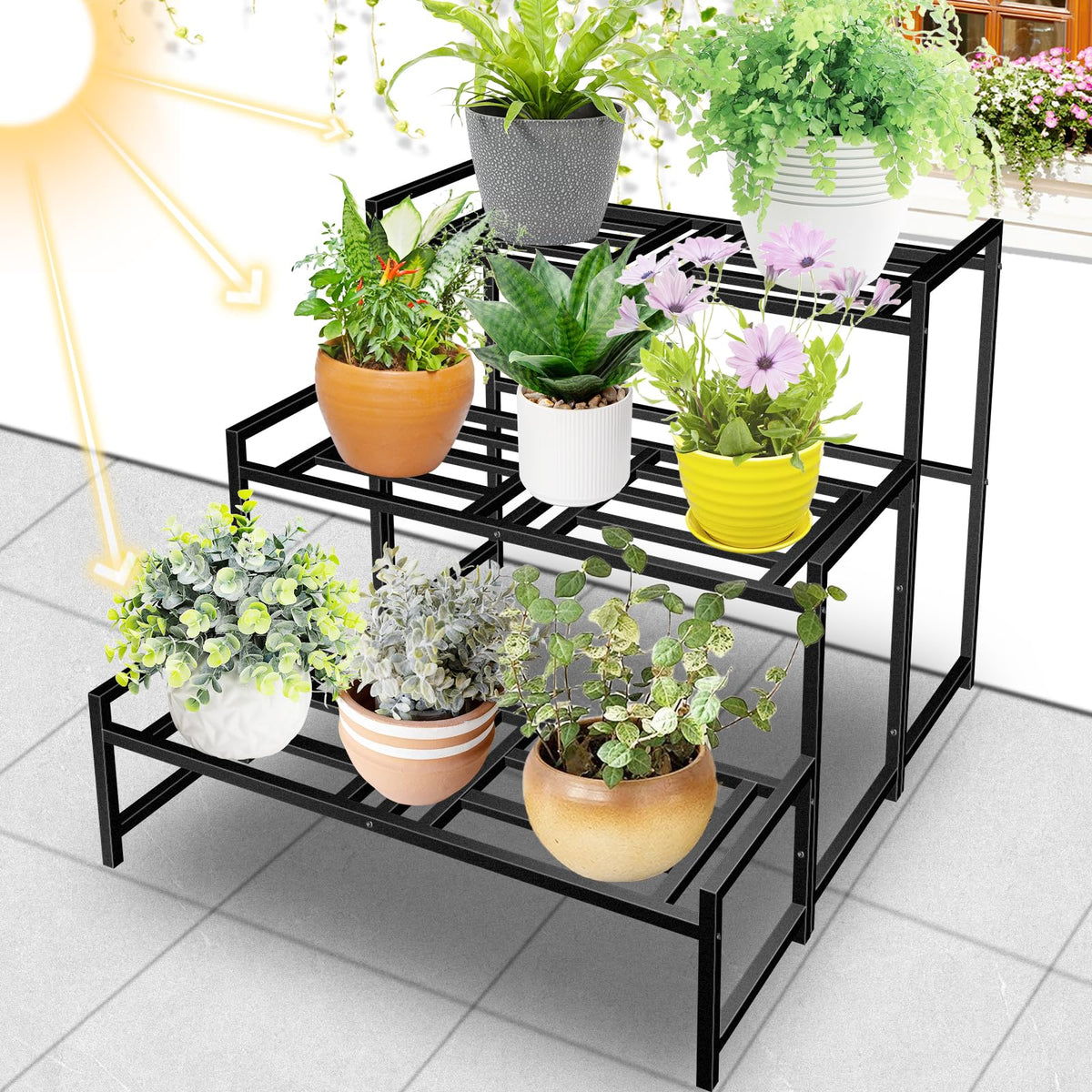 Lilybud Lily indoor-outdoor stand displaying varied pots on multiple levels