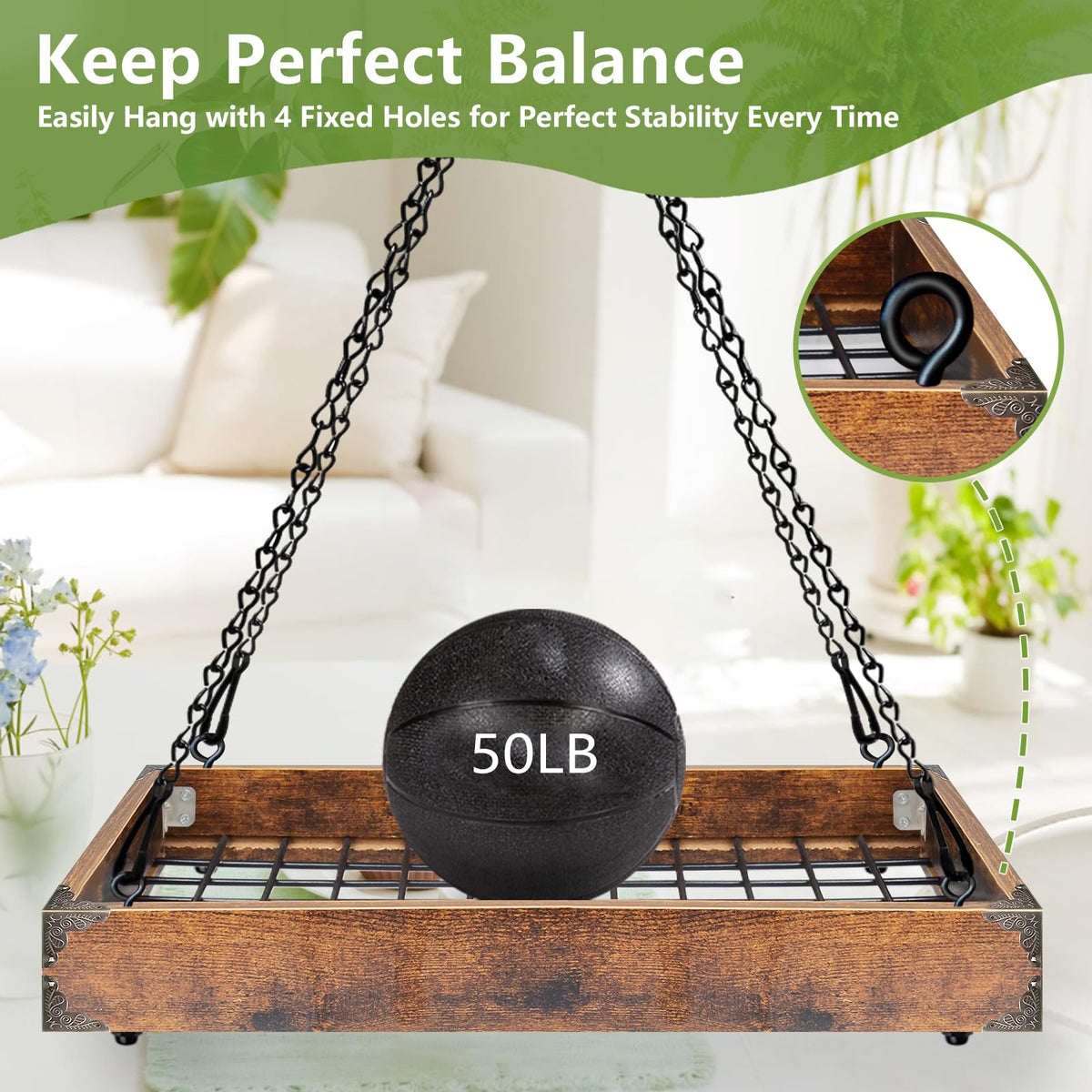 Lilybud plant hanger extended 27.6-inch chain enables taller plant placement.