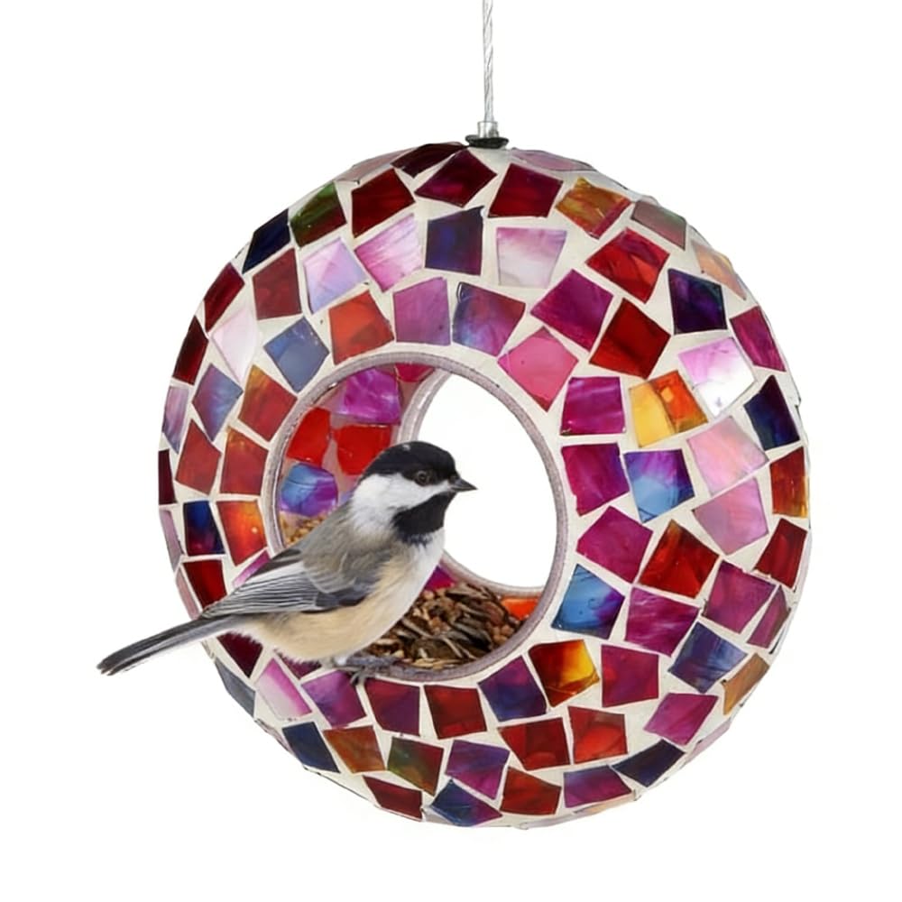 Lily's Home bird feeder mosaic in purple, pink and red attracts birds in your garden.