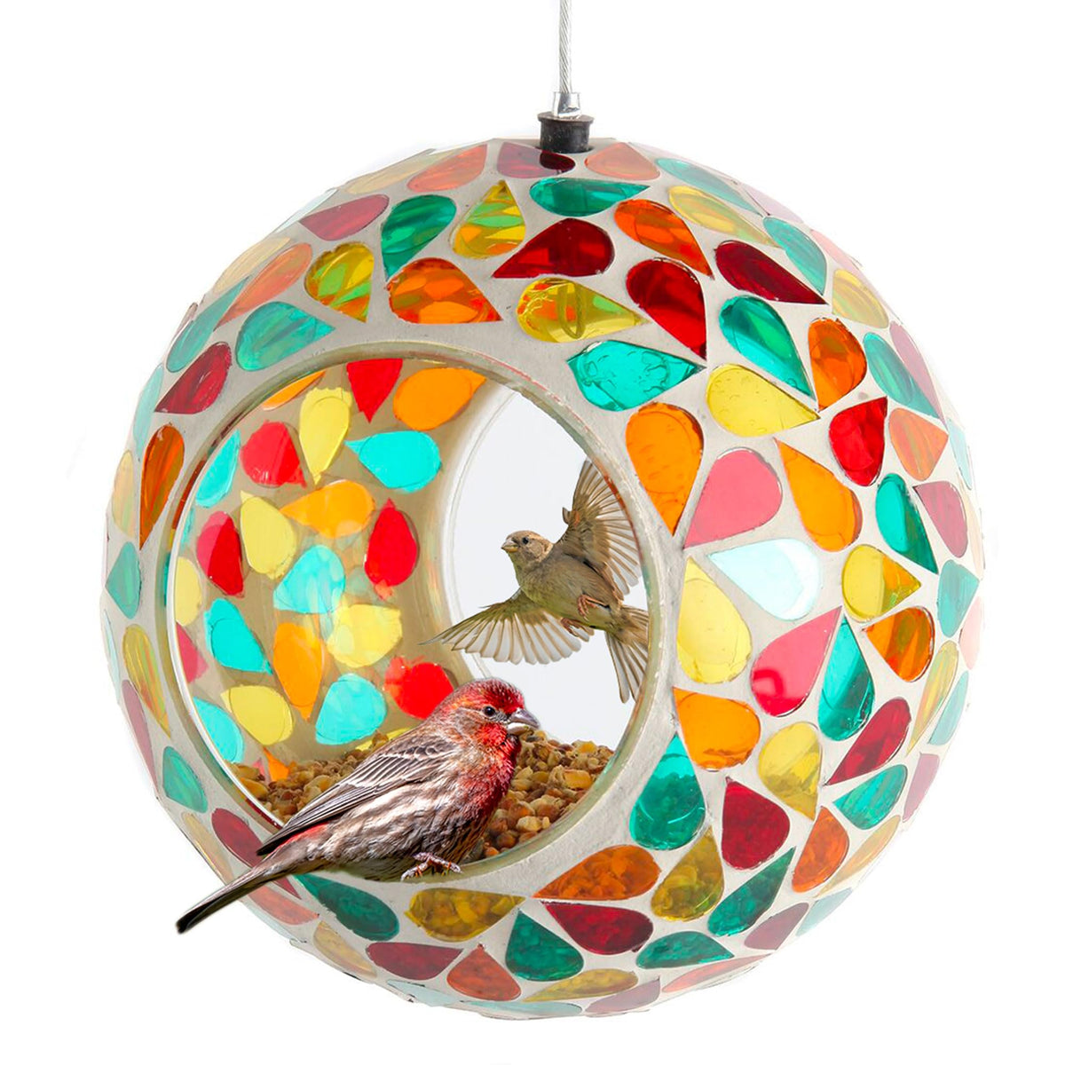 Lily's Home mosaic drops feeder hanging in a sunlit garden attracts colorful songbirds