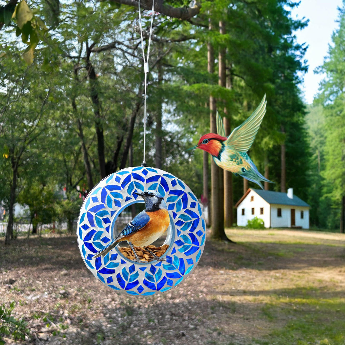 Lily's Home garden decor bird feeder blends art and wildlife habitat outdoors.