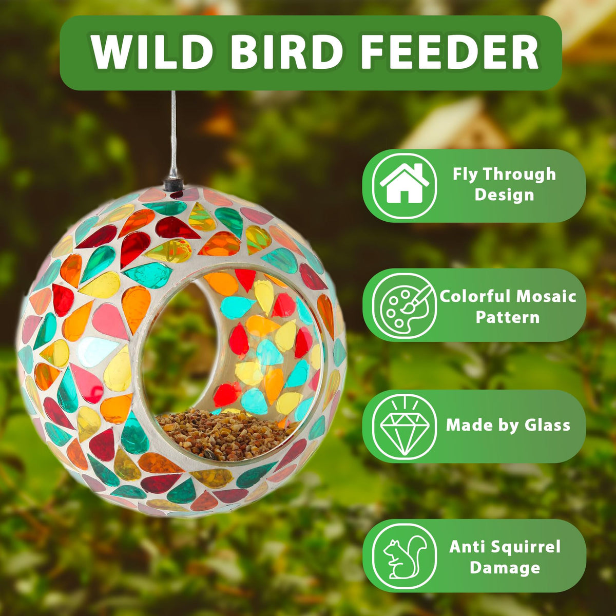 Lily's Home glass mosaic feeder showcases colorful droplets for a vibrant outdoor display
