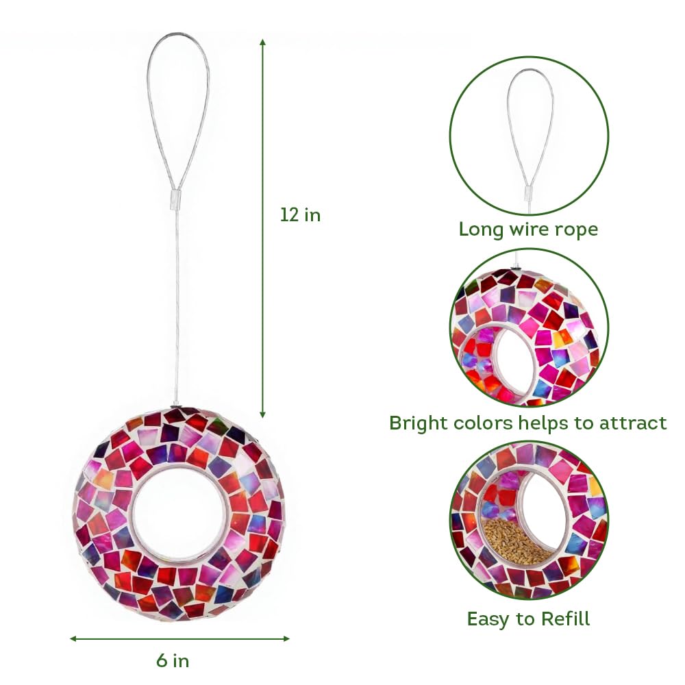 Lily's Home glass mosaic feeder with hanging loop enhances outdoor decor and access.