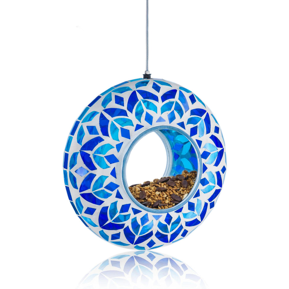 Lily's Home mosaic glass bird feeder displays vibrant colors to attract backyard songbirds.