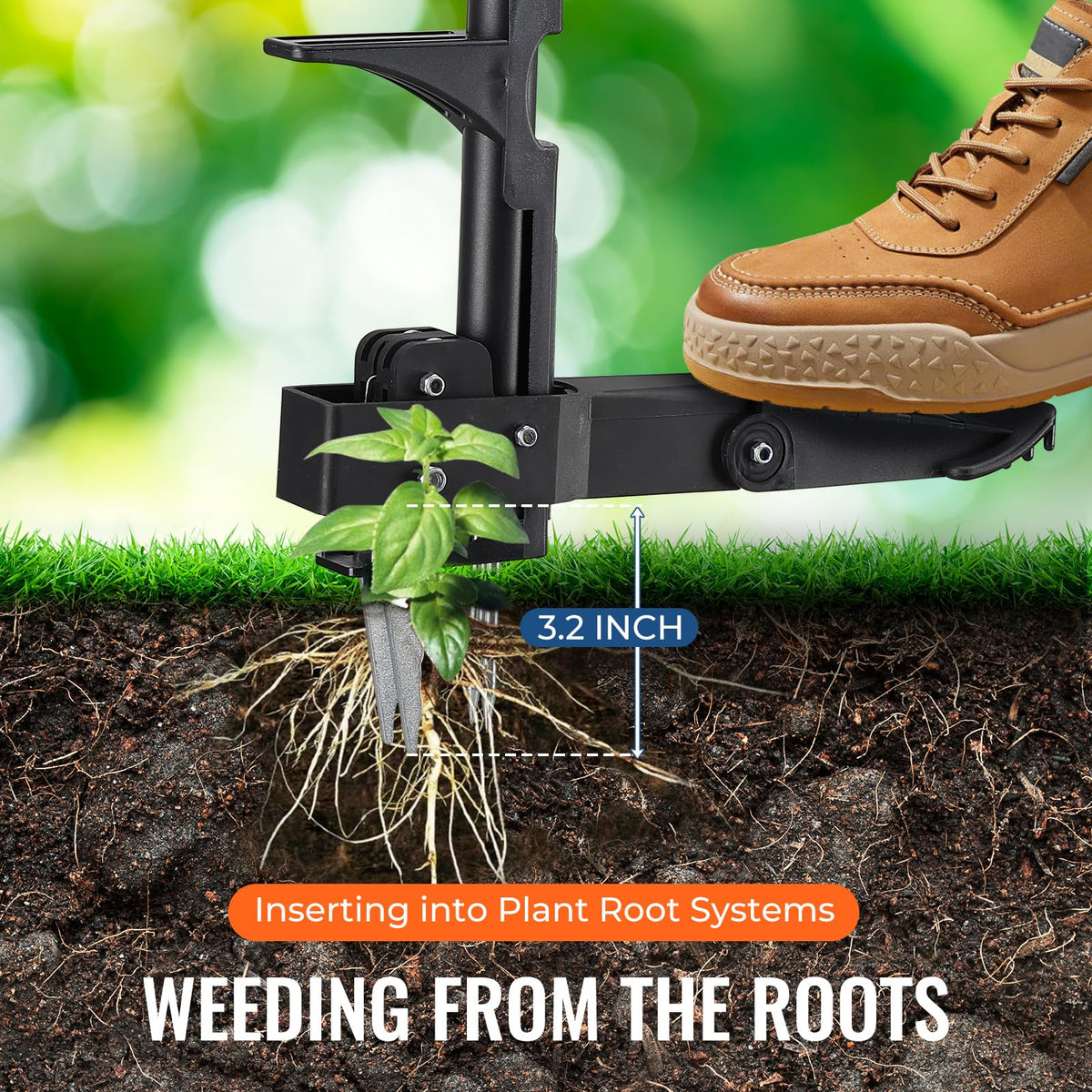 Lilyvane 41-inch adjustable T-handle weed puller in use for comfortable upright control.
