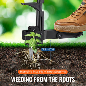 Lilyvane 41-inch adjustable T-handle weed puller in use for comfortable upright control.